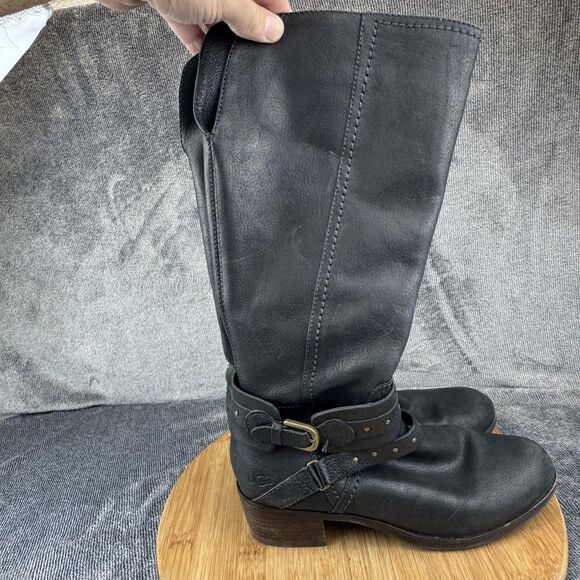 UGG Boots Womens Size 8.5 Black Leather Harness Riding Tall Zip Studded Buckle - Picture 3 of 9